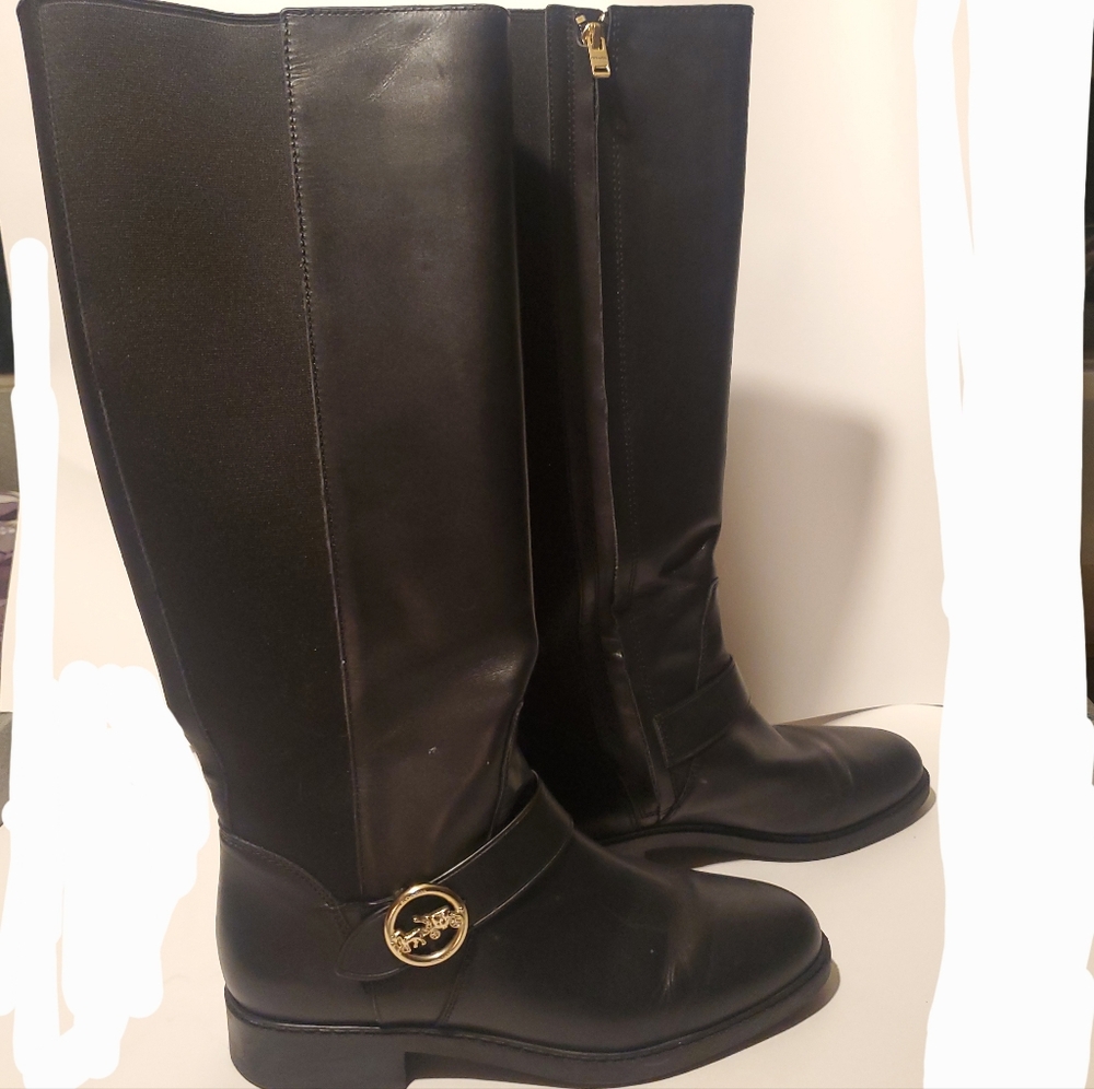 Coach Womens Farrah Black Faux-Leather Zipper Knee-High Boots Shoes